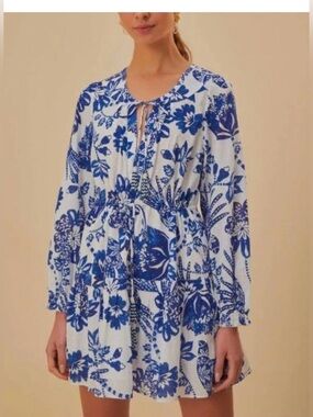 FARM RIO Bead-Embellished Printed Swiss-Dot Cotton Mini Dress. Size XS